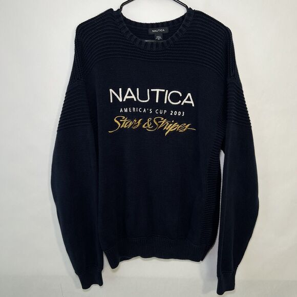 NAUTICA Navy Blue Americas Cup 2003 Stars & Stripes Long Sleeve Knit Sweater M - Picture 1 of 8